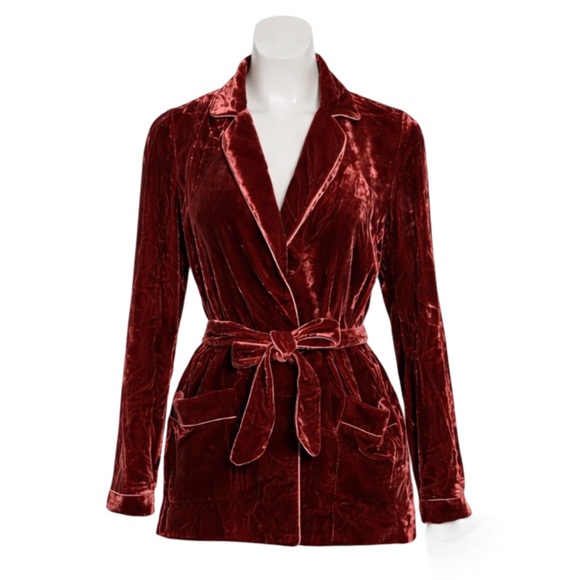 Barneys New York Italy Rust Burgundy Velvet Belted Blazer Jacket IT 42 US 6 - Picture 4 of 10